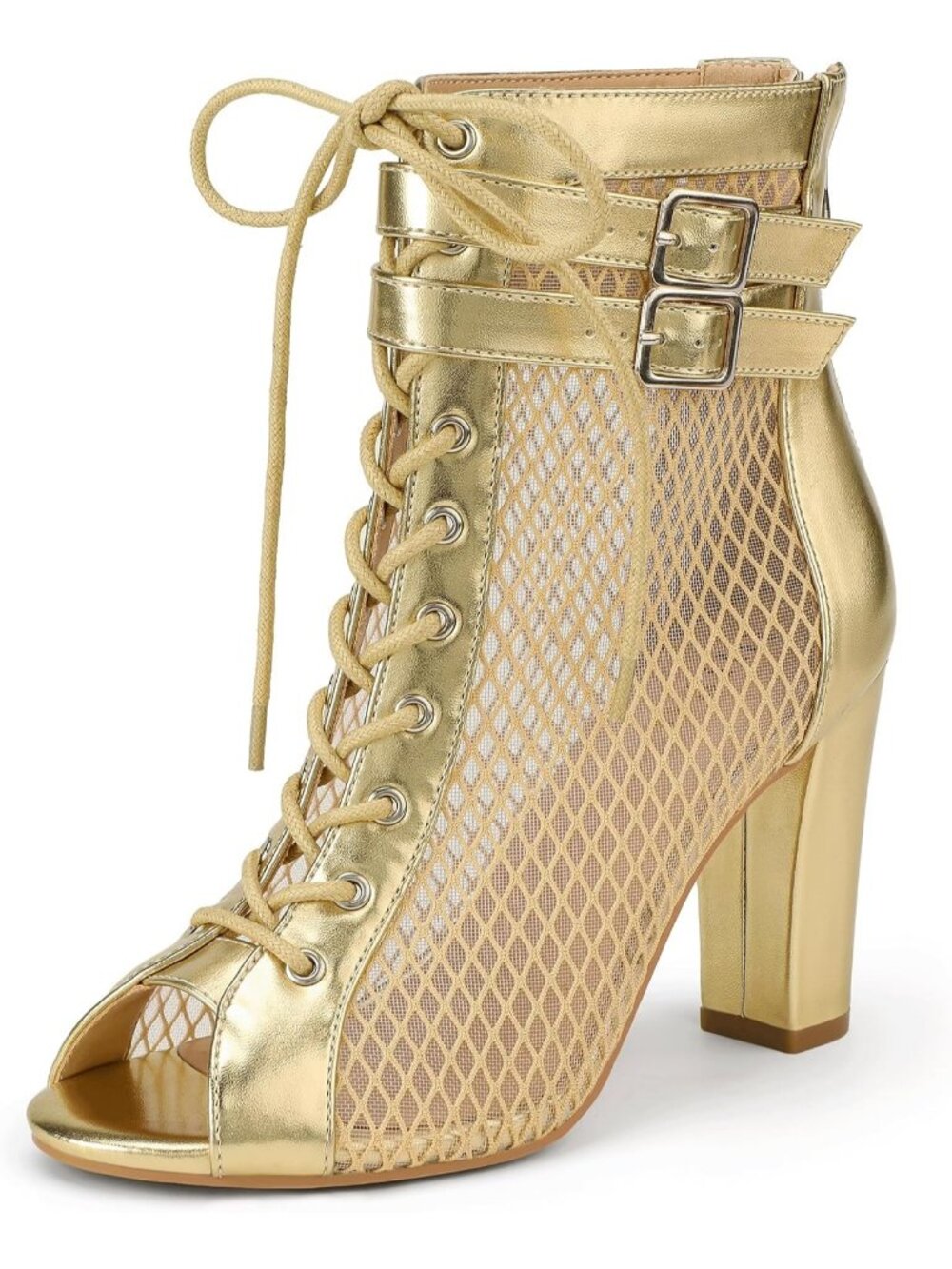 Women's Gold Pu Mesh High Heels Block Chunky Heels Open Toe Lace Up Booties